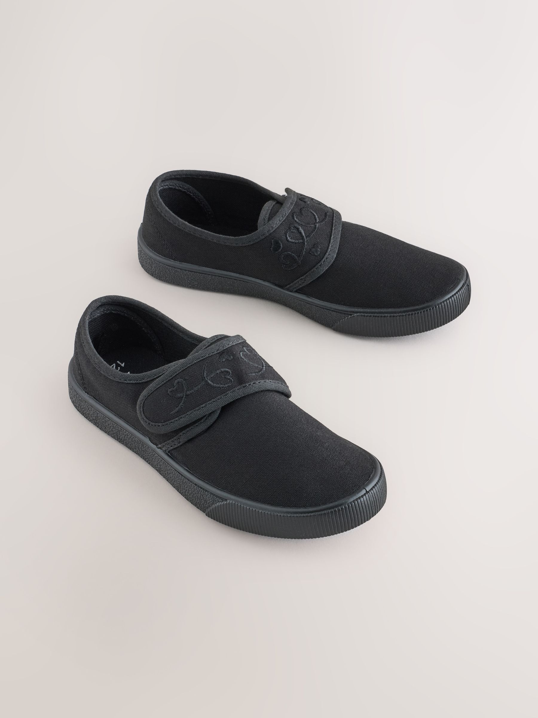 Buy Black Standard Fit F Embroidered Strap School Plimsolls From The buy-black-standard-fit-f-embroidered-strap-school-plimsolls-from-the