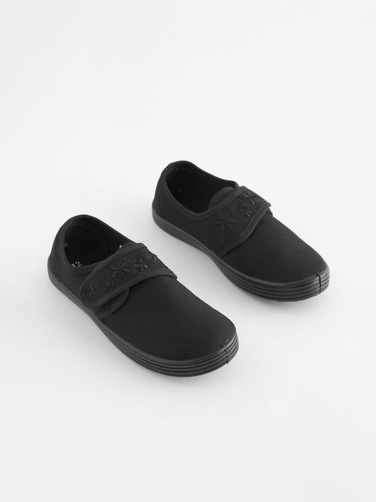 Black Standard Fit (F) Embroidered Strap School Plimsolls - Image 1 of 10