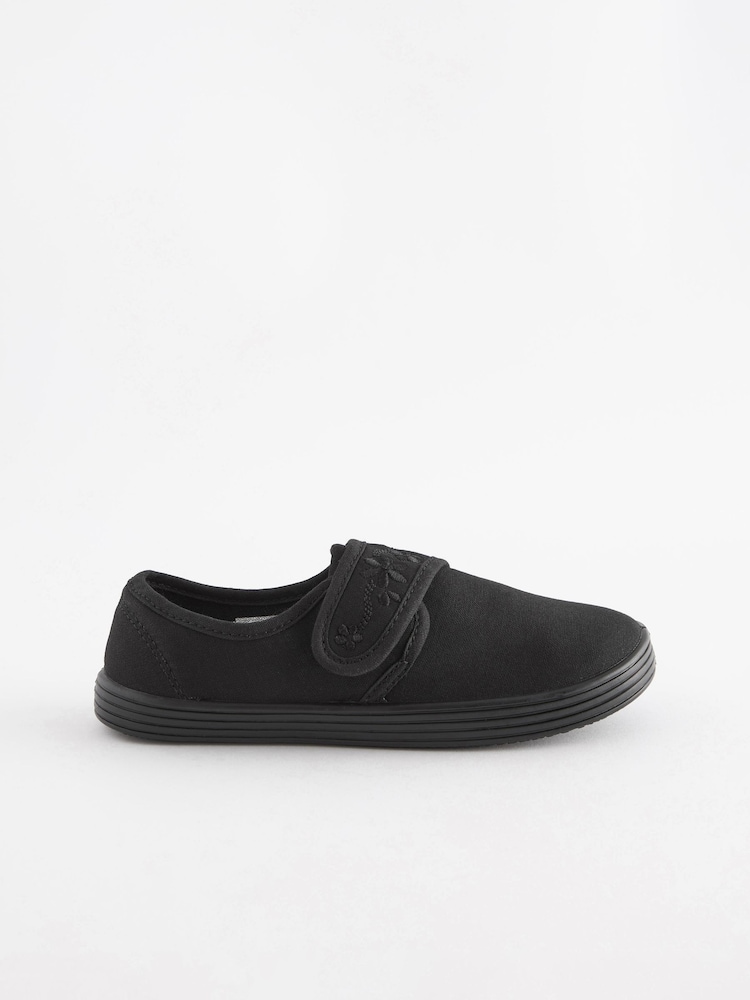Black Standard Fit (F) Embroidered Strap School Plimsolls - Image 2 of 10