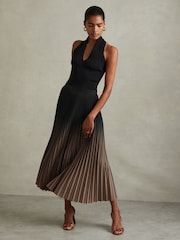 Reiss Black/Taupe Marlie Ombre Pleated Midi Skirt - Image 1 of 6
