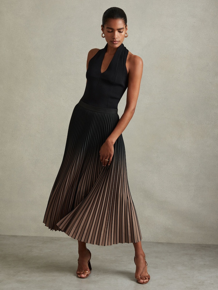 Reiss Black/Taupe Marlie Ombre Pleated Midi Skirt - Image 1 of 6