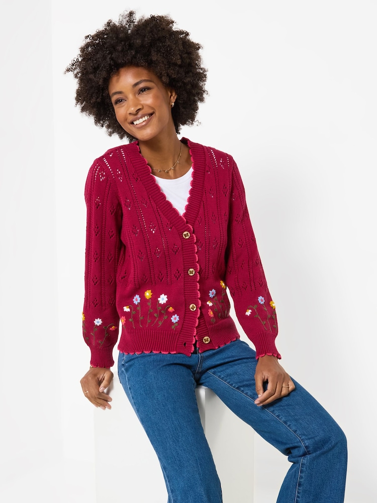 Joe Browns Red Darling Floral Embroidered Pointelle Cardigan - Image 1 of 5