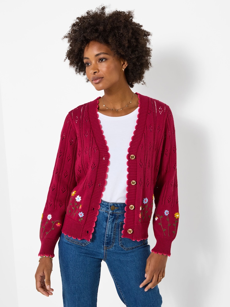 Joe Browns Red Darling Floral Embroidered Pointelle Cardigan - Image 2 of 5
