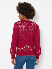 Joe Browns Red Darling Floral Embroidered Pointelle Cardigan - Image 3 of 5