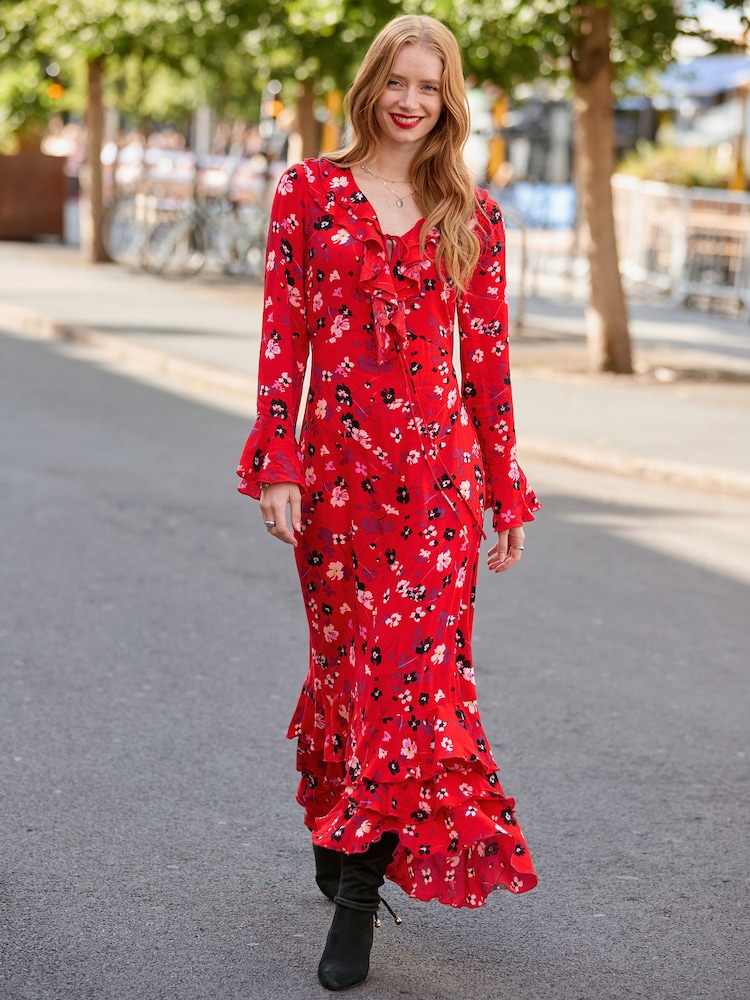 Joe Browns Red Phoebe Long Sleeve Ruffle Maxi Dress - Image 1 of 7