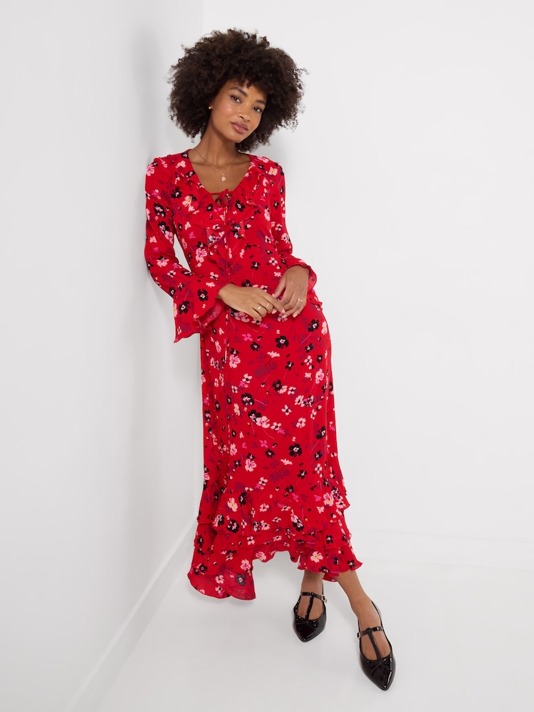 Joe Browns Red Phoebe Long Sleeve Ruffle Maxi Dress - Image 2 of 7