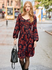 Joe Browns Black Dramatic Floral Frill Hem Mini Dress - Image 1 of 6