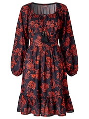 Joe Browns Black Dramatic Floral Frill Hem Mini Dress - Image 6 of 6