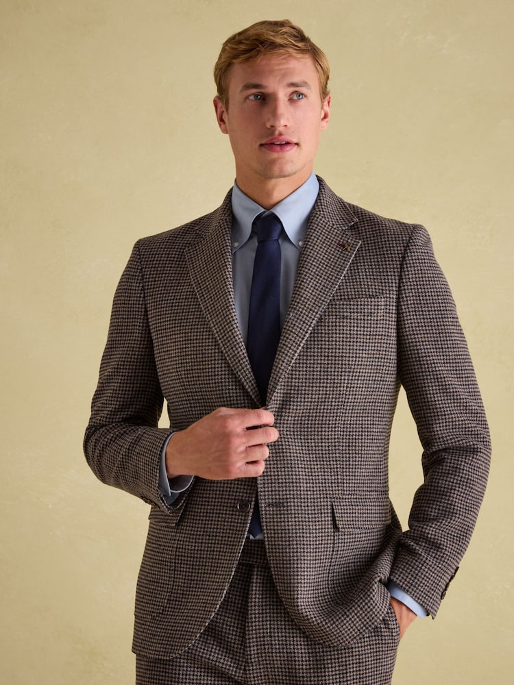 Joules Brown Slim Fit Dogtooth Texture Suit Jacket - Image 1 of 9
