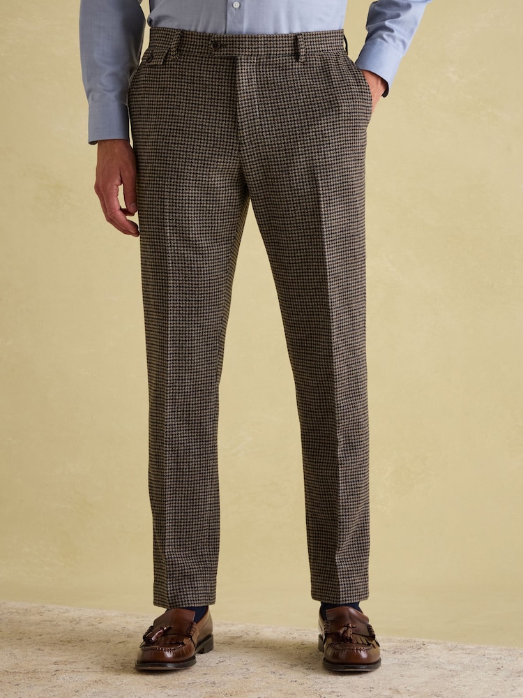 Joules Brown Slim Fit Dogtooth Texture Suit Trousers - Image 1 of 10