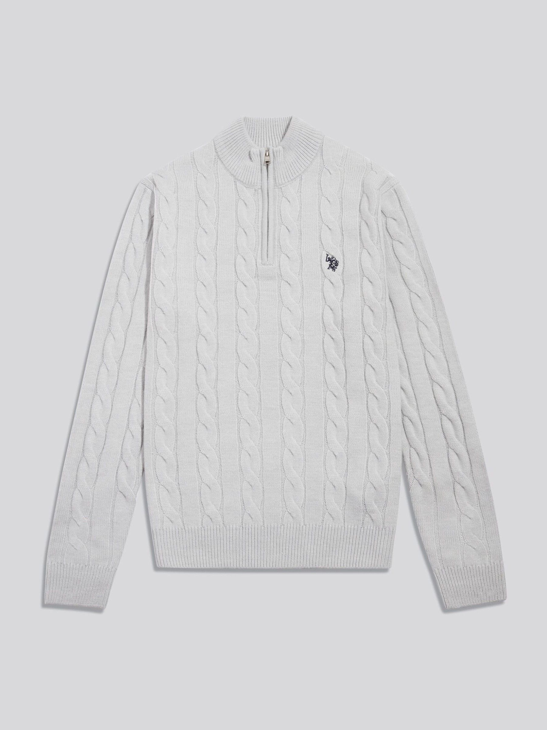Buy U.S. Polo Assn Grey Cable Knit Quarter-Zip Funnel Neck Jumper from ...