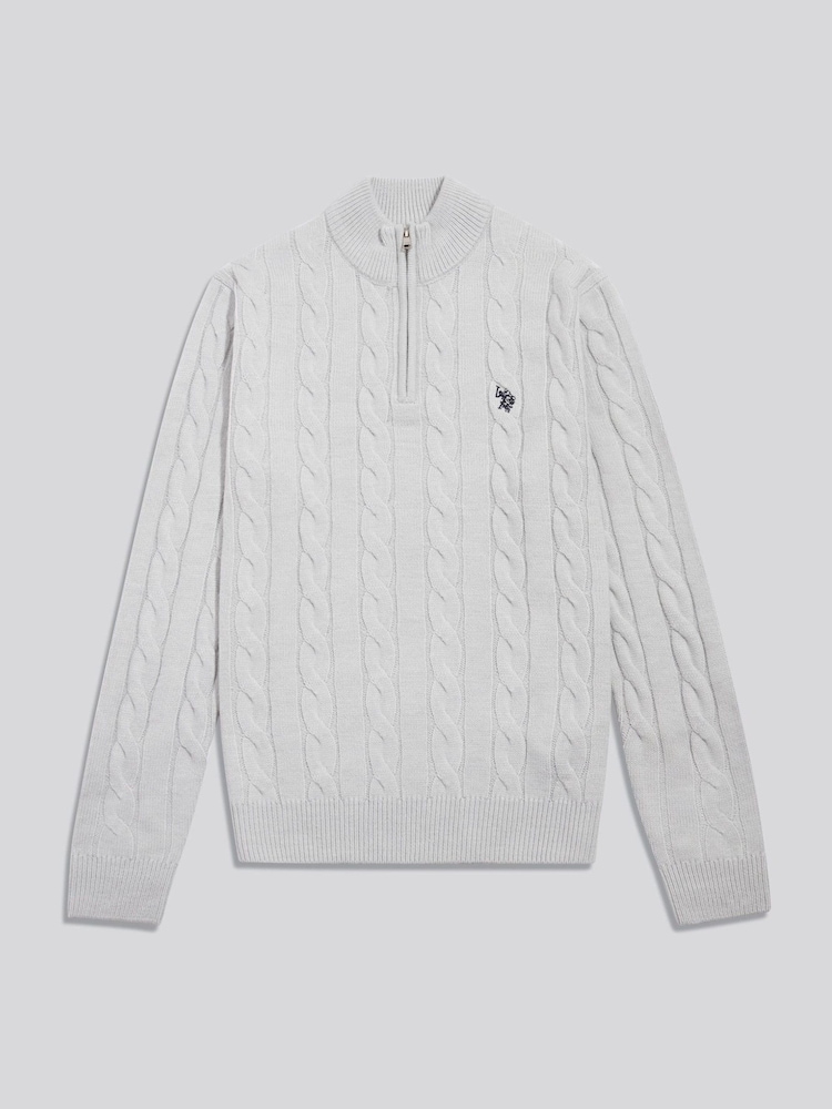 U.S. Polo Assn Grey Cable Knit Quarter-Zip Funnel Neck Jumper - Image 1 of 2 U.S. Polo Assn Grey Cable Knit Quarter-Zip Funnel Neck Jumper - Image 1 of 2
