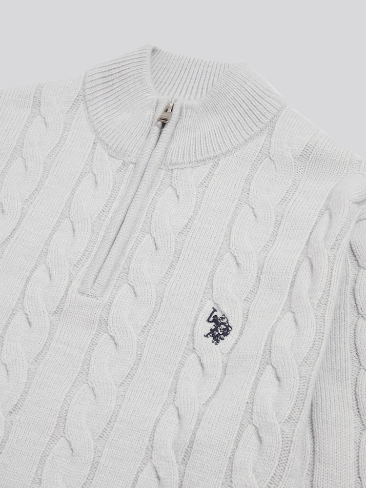 U.S. Polo Assn Grey Cable Knit Quarter-Zip Funnel Neck Jumper - Image 2 of 2 U.S. Polo Assn Grey Cable Knit Quarter-Zip Funnel Neck Jumper - Image 2 of 2