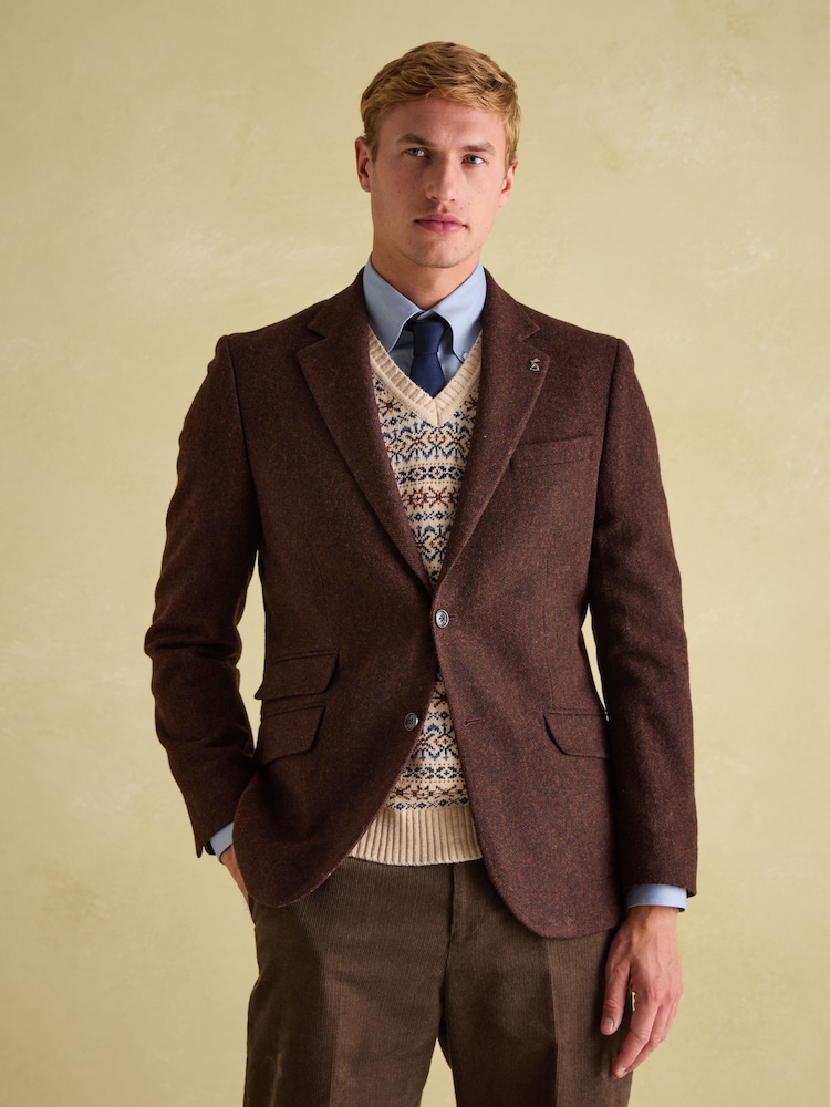 Joules Rust Brown Slim Fit Herringbone Blazer - Image 1 of 8