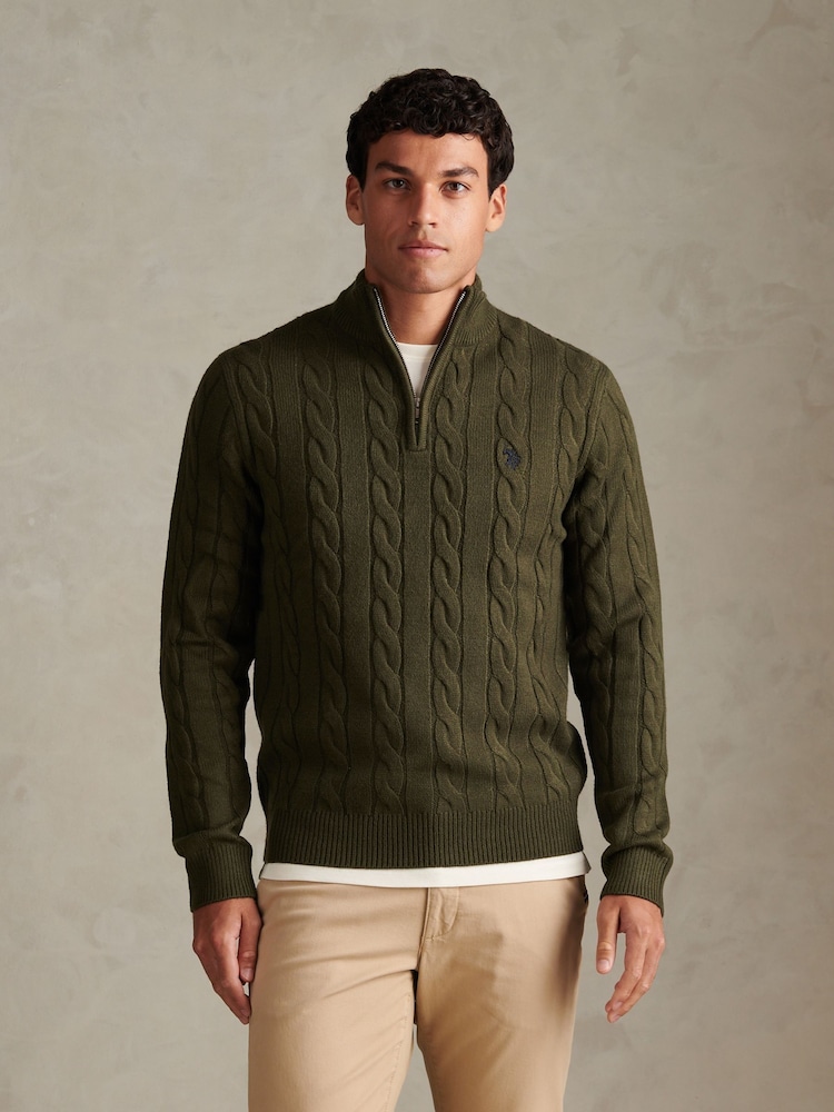U.S. Polo Assn Green Cable Knit Quarter-Zip Funnel Neck Jumper - Image 1 of 4 U.S. Polo Assn Green Cable Knit Quarter-Zip Funnel Neck Jumper - Image 1 of 4