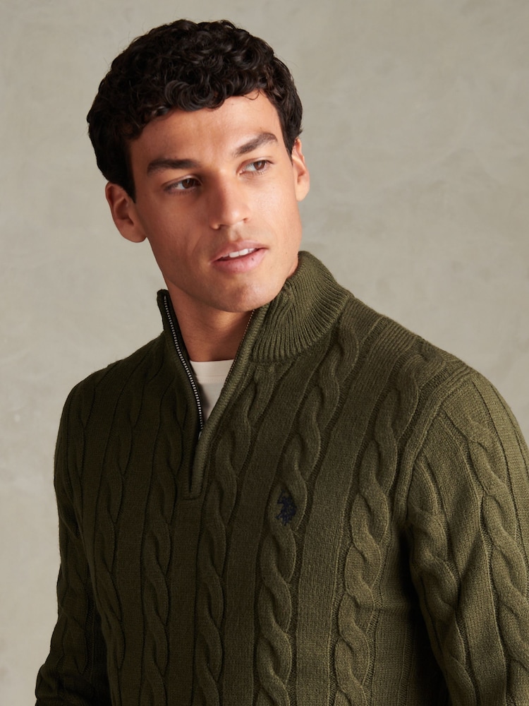 U.S. Polo Assn Green Cable Knit Quarter-Zip Funnel Neck Jumper - Image 2 of 4 U.S. Polo Assn Green Cable Knit Quarter-Zip Funnel Neck Jumper - Image 2 of 4