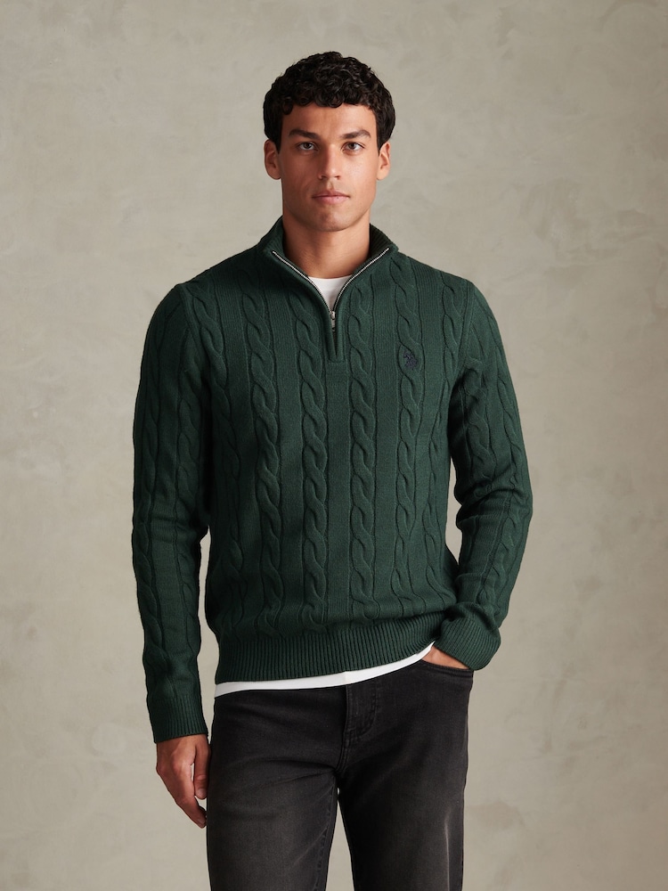 U.S. Polo Assn Forest Green Cable Knit Quarter-Zip Funnel Neck Jumper - Image 1 of 4 U.S. Polo Assn Forest Green Cable Knit Quarter-Zip Funnel Neck Jumper - Image 1 of 4