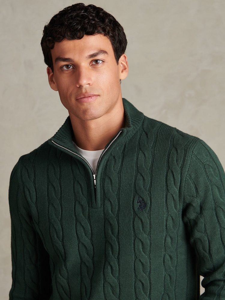 U.S. Polo Assn Forest Green Cable Knit Quarter-Zip Funnel Neck Jumper - Image 2 of 4 U.S. Polo Assn Forest Green Cable Knit Quarter-Zip Funnel Neck Jumper - Image 2 of 4