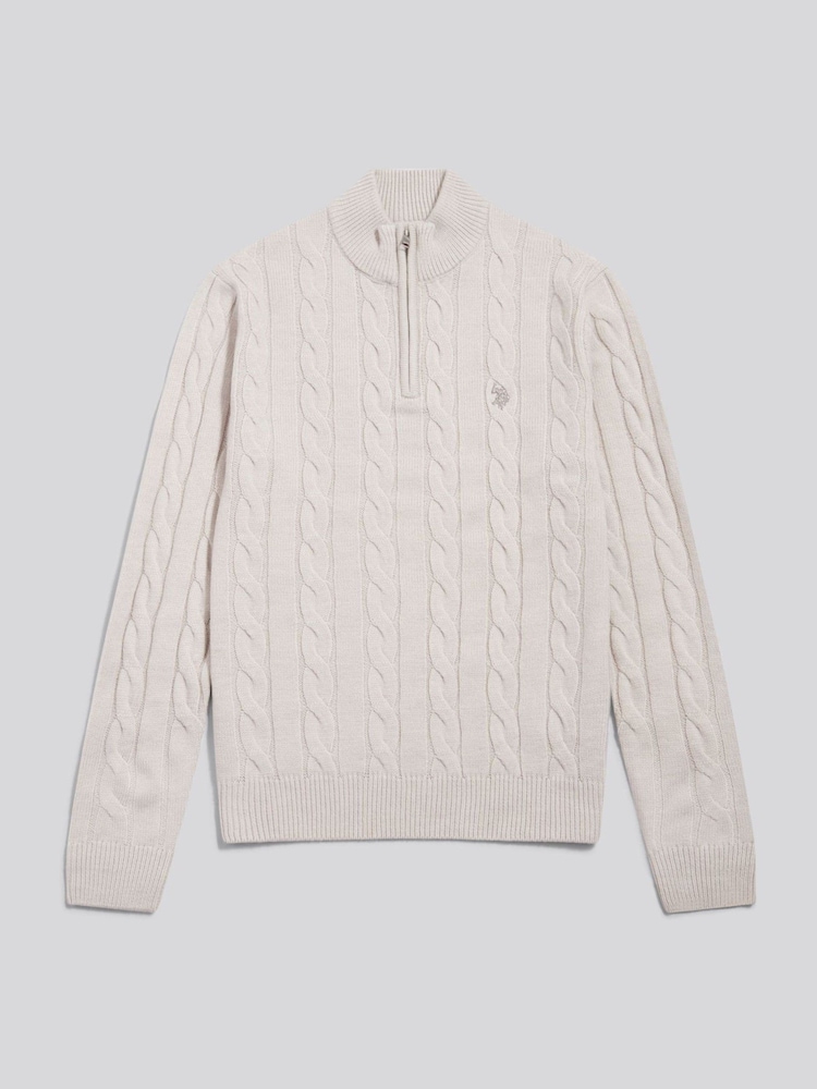 U.S. Polo Assn Cream Cable Knit Quarter-Zip Funnel Neck Jumper - Image 1 of 2 U.S. Polo Assn Cream Cable Knit Quarter-Zip Funnel Neck Jumper - Image 1 of 2