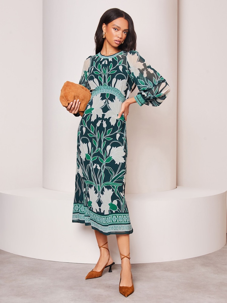 Lipsy Green Placement Print Long Sleeve Midi Dress - Image 1 of 4 Lipsy Green Placement Print Long Sleeve Midi Dress - Image 1 of 4