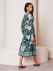 Lipsy Green Placement Print Long Sleeve Midi Dress - Image 2 of 4