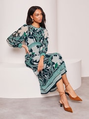 Lipsy Green Placement Print Long Sleeve Midi Dress - Image 3 of 4