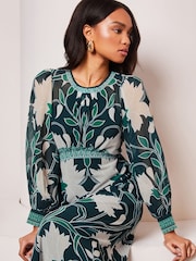 Lipsy Green Placement Print Long Sleeve Midi Dress - Image 4 of 4