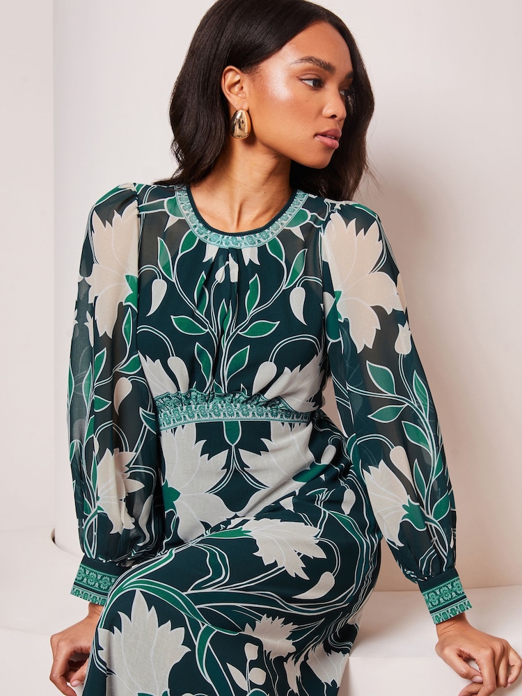 Lipsy Green Placement Print Long Sleeve Midi Dress - Image 4 of 4 Lipsy Green Placement Print Long Sleeve Midi Dress - Image 4 of 4