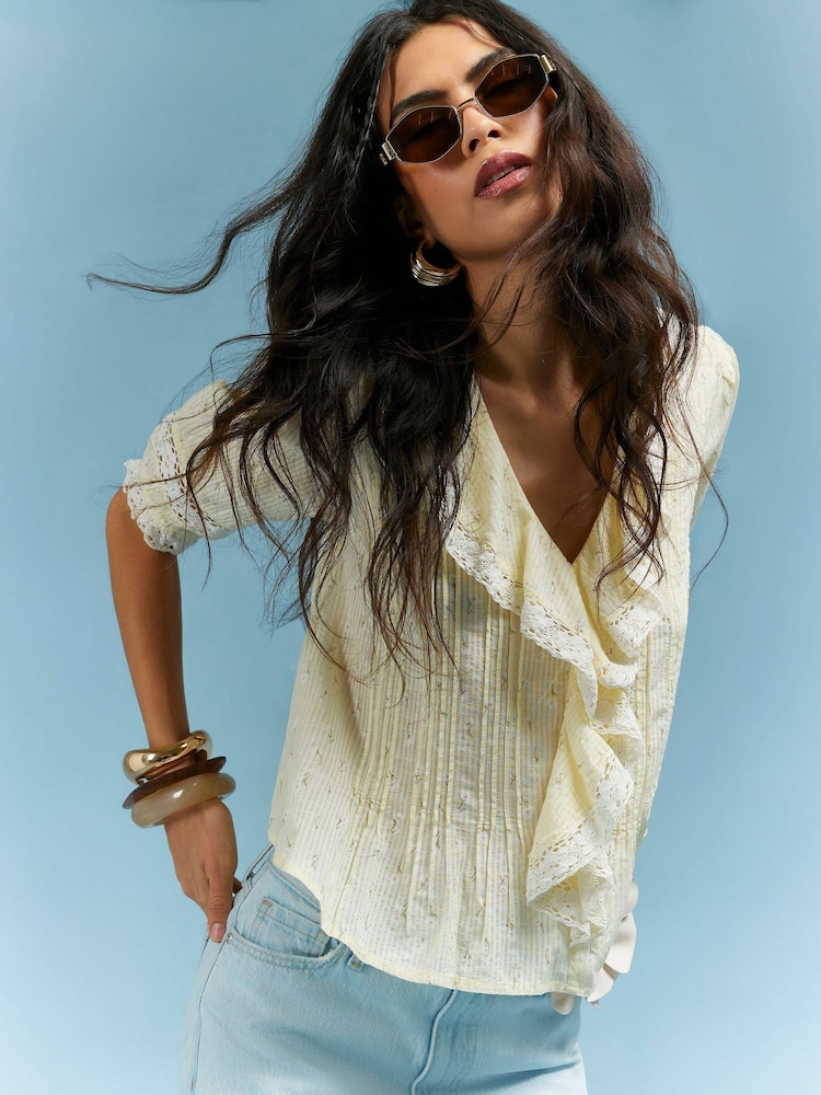 River Island Yellow Floral Frill Blouse - Image 1 of 4