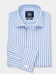 Savile Row Company Sky Blue Stripe Slim Fit Double Cuff 100% Cotton Shirt - Image 2 of 4