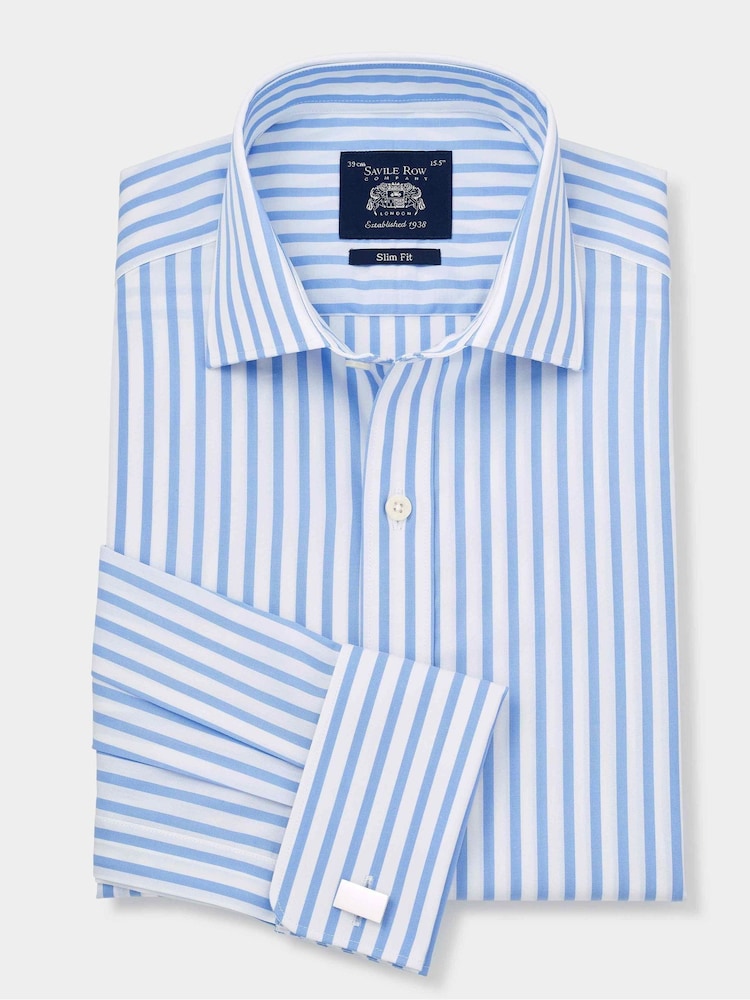 Savile Row Company Sky Blue Stripe Slim Fit Double Cuff 100% Cotton Shirt - Image 2 of 4