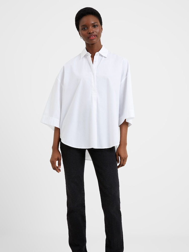 French Connection White Rhodes Sust Poplin Short Sleeve Popover 100% Cotton Blouse - Image 2 of 4