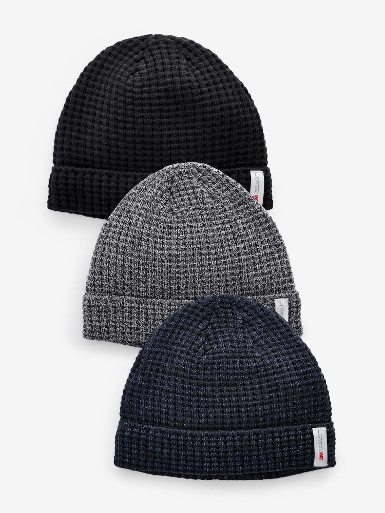 Black/Navy Blue/Grey Knitted Thinsulate Lined Beanie 3 Pack - Image 1 of 10
