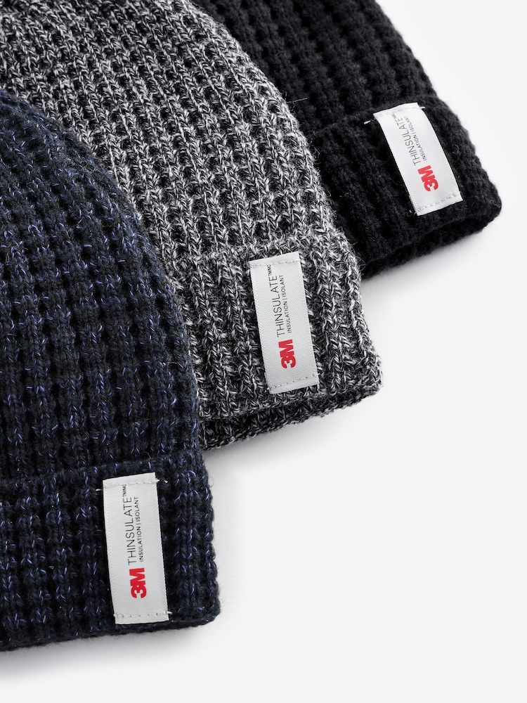 Black/Navy Blue/Grey Knitted Thinsulate Lined Beanie 3 Pack - Image 10 of 10