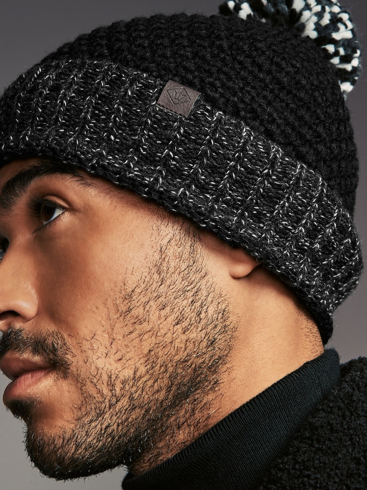 Black/White - Textured Lined Bobble Hat - Image 2 of 4 Black/White - Textured Lined Bobble Hat - Image 2 of 4