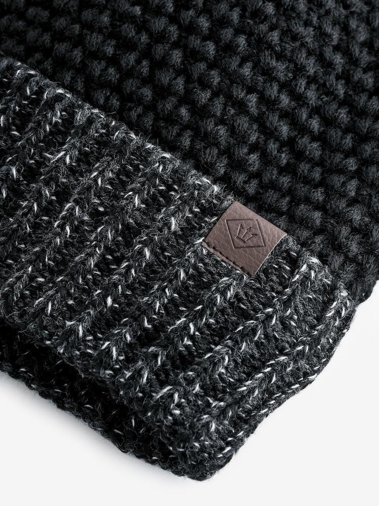 Black/White - Textured Lined Bobble Hat - Image 4 of 4 Black/White - Textured Lined Bobble Hat - Image 4 of 4