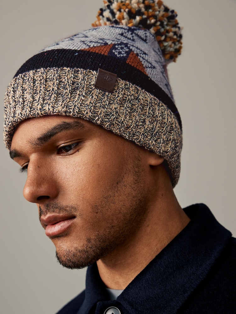Orange/Blue Geometric Print Lined Bobble Hat - Image 1 of 4