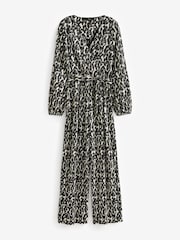 Black/White Long Sleeve Plisse Jumpsuit - Image 4 of 5
