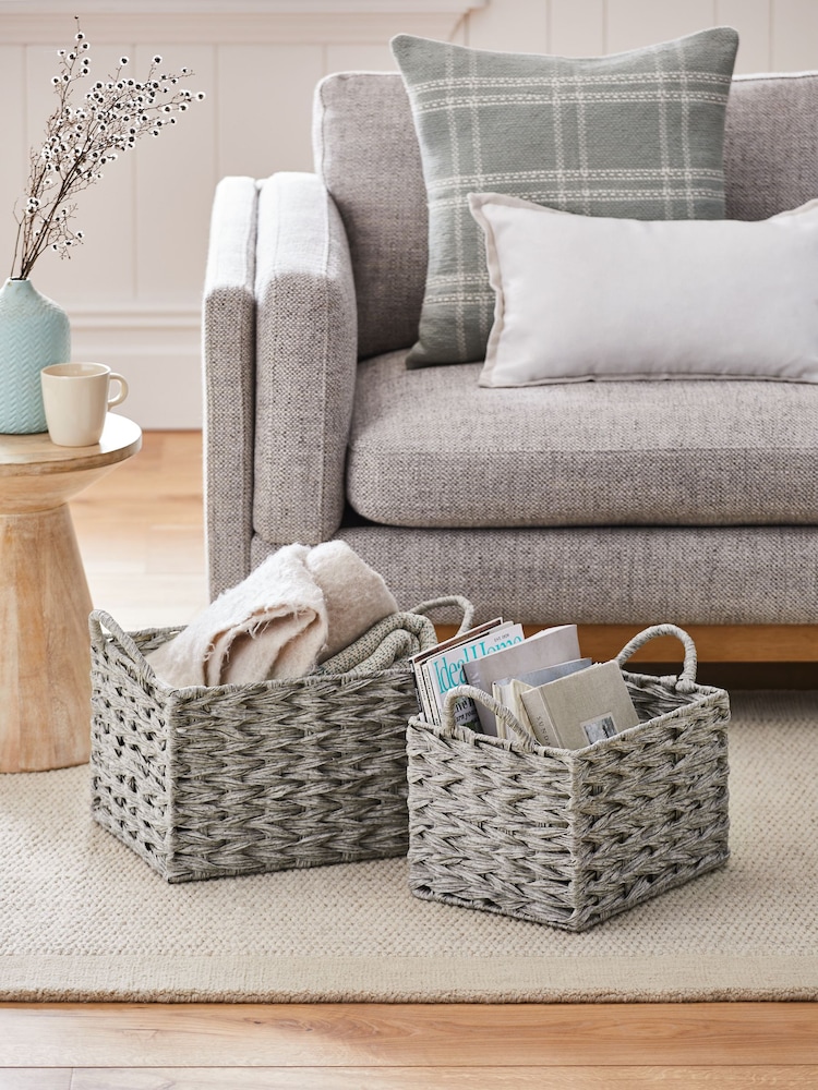Grey Plastic Wicker Set of 2 Storage Basket - Image 1 of 4
