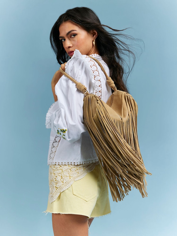 River Island Brown Mega Fringe Suede Cylinder Bag - Image 1 of 5