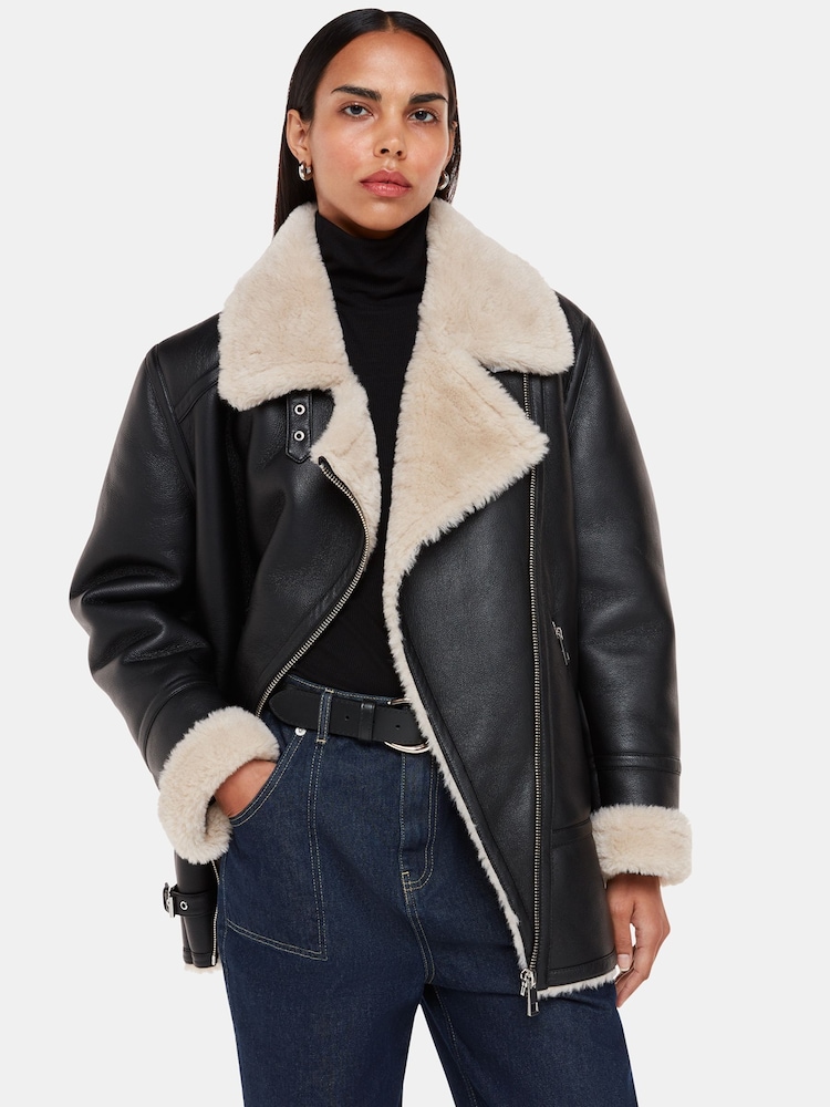 Whistles Black Faux Fur Aviator Coat - Image 1 of 5