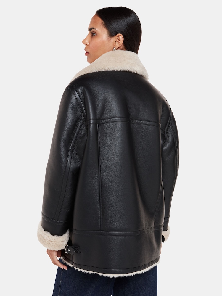 Whistles Black Faux Fur Aviator Coat - Image 2 of 5