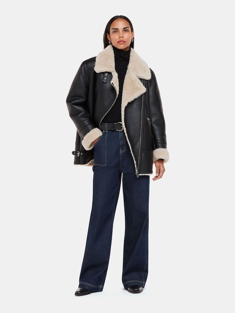 Whistles Black Faux Fur Aviator Coat - Image 3 of 5