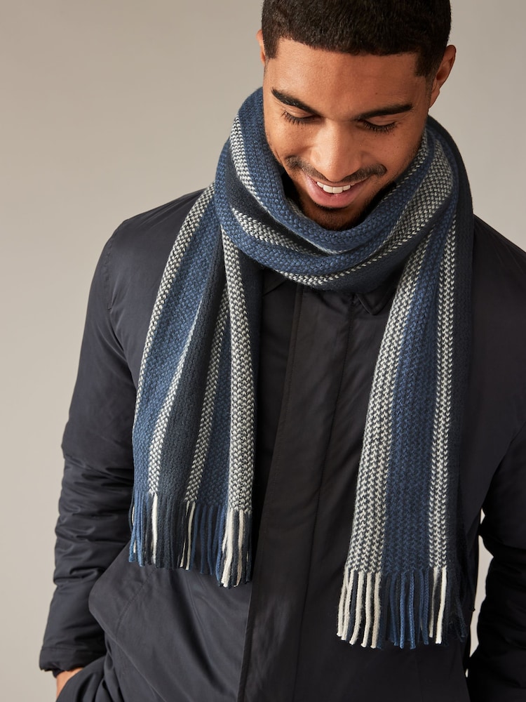 Blue Stripe Knitted Scarf - Image 1 of 3 Blue Stripe Knitted Scarf - Image 1 of 3