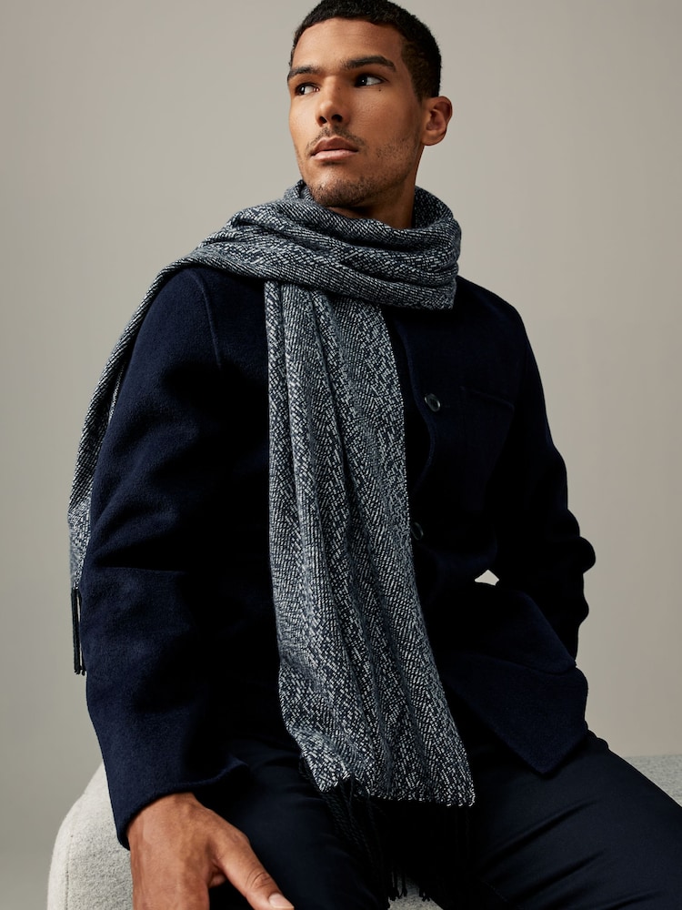 Navy Blue Herringbone Woven Scarf - Image 1 of 4 Navy Blue Herringbone Woven Scarf - Image 1 of 4