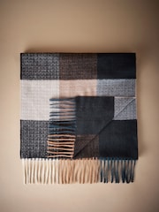 Navy Blue/Neutral Signature Check Woven Scarf with Cashmere - Image 1 of 3