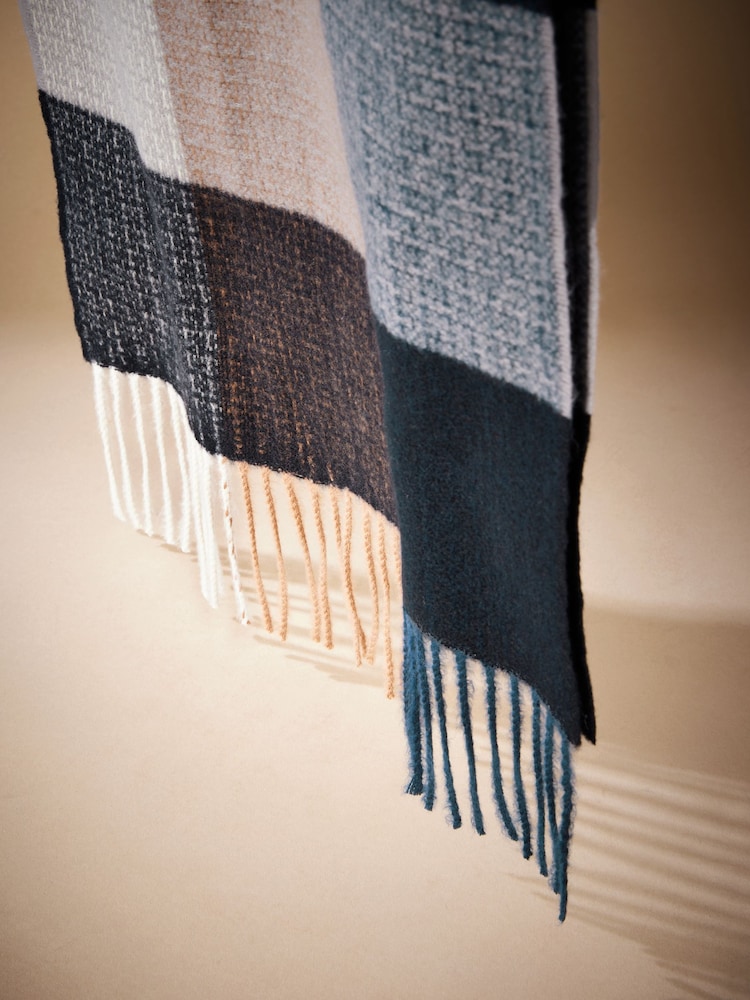 Navy Blue/Neutral Signature Check Woven Scarf with Cashmere - Image 3 of 3