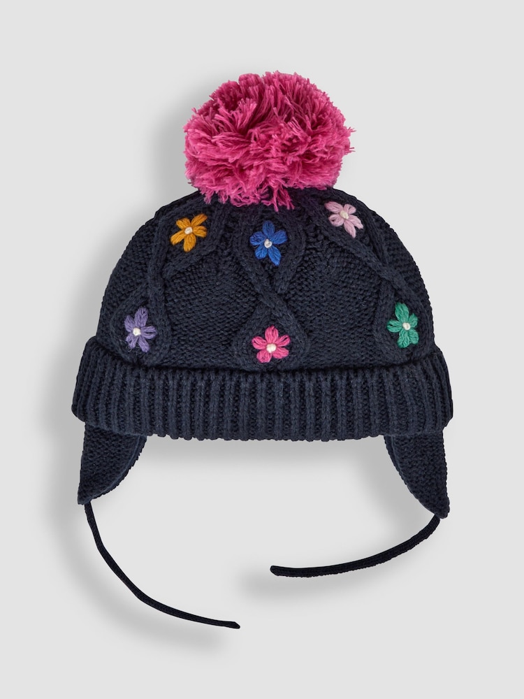 JoJo Maman Bébé Navy Blue Floral Embroidered Cable Hat - Image 1 of 3