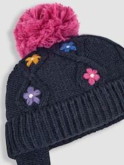 JoJo Maman Bébé Navy Blue Floral Embroidered Cable Hat - Image 2 of 3