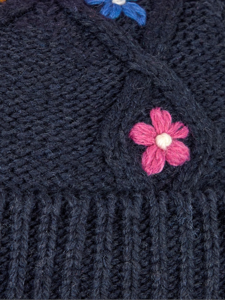 JoJo Maman Bébé Navy Blue Floral Embroidered Cable Hat - Image 3 of 3